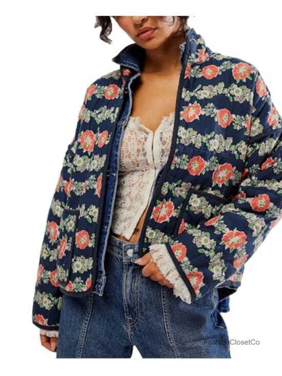 Jackets & Blazers - Vintage Quilted Cropped Puffer Jacket Stand Collar Contrast Trim Lightweight